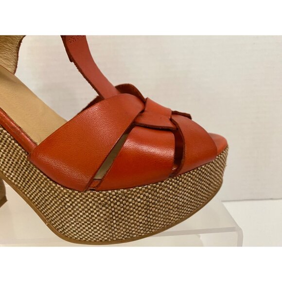 Spanish Leather Stacked Heel Women US 10.5 Sunburst Orange Sandals w/Ankle Strap - Picture 3 of 13